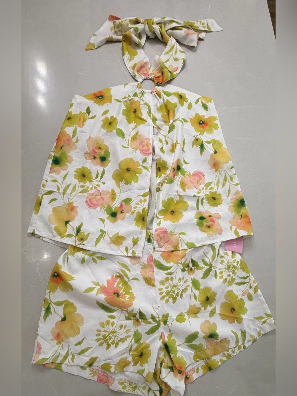 Aimishi Floral Halter Top & Shorts Matching Two Piece Watercolor Set, L